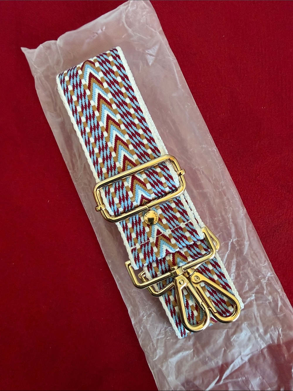 Pom Pom London Adjustable Crossbody Guitar  Strap - Blue / Maroon / Tan & Cream.